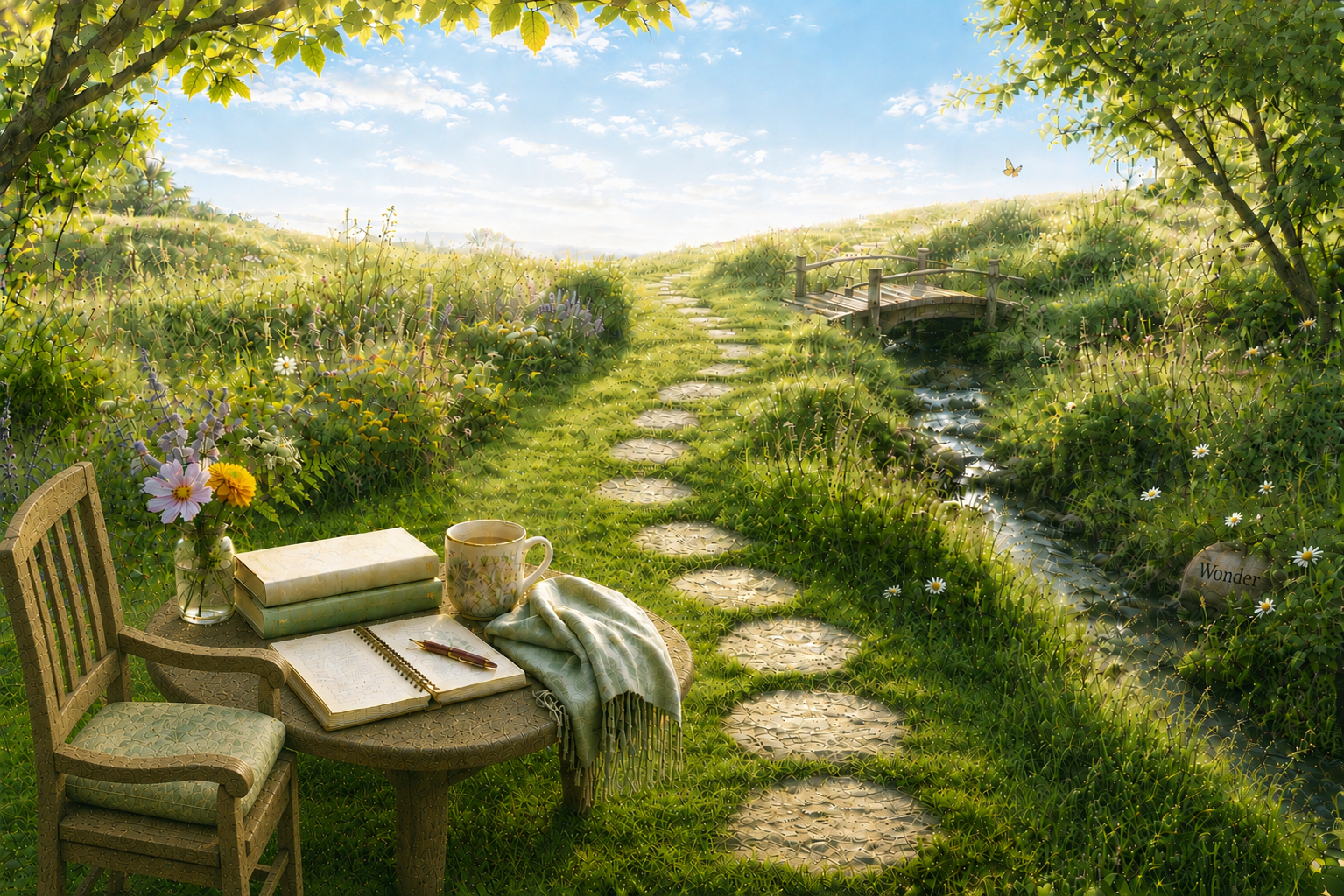 A garden table with books, a journal, and tea, surrounded by lavender and flowers
