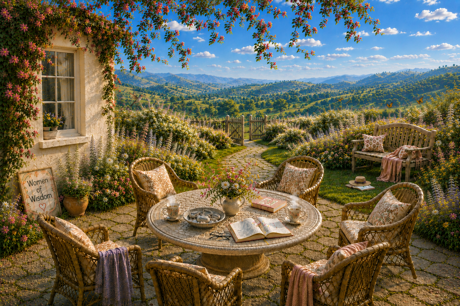 A garden table set for Women of Wisdom, with stones reading Hope, Peace, Grace, and Joy